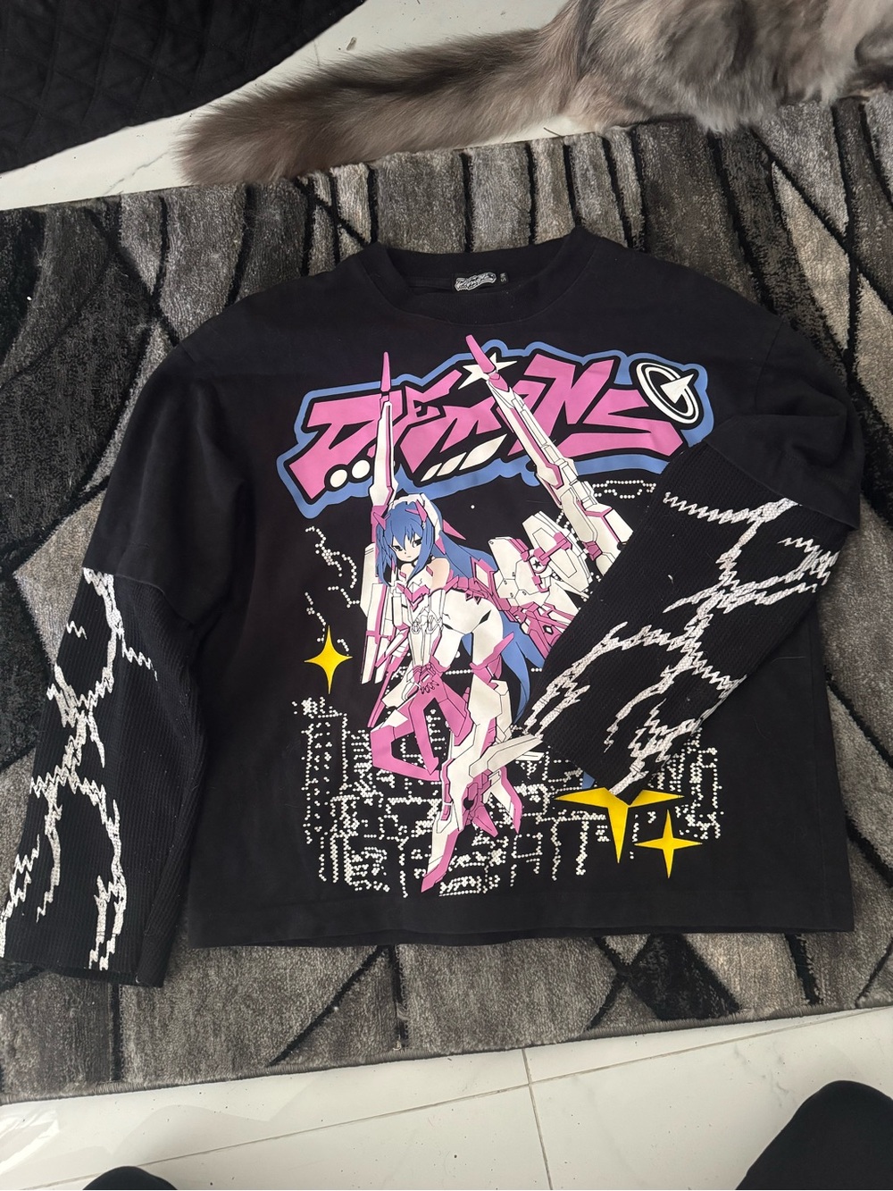 Rocawear Black IG inspired Long Sleeve Tee with Pink & Blue Anime Graphic